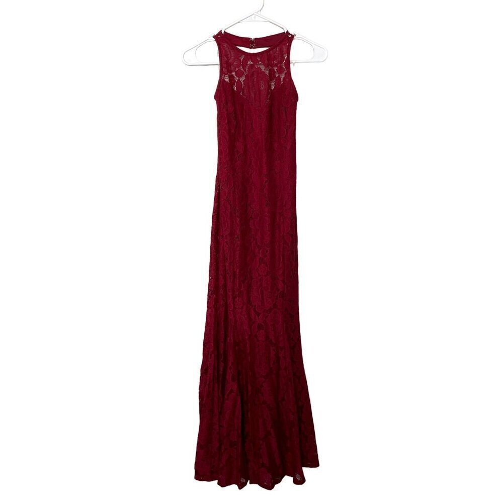Lulu's vintage red lace dress bright deep long train halter neckline size small